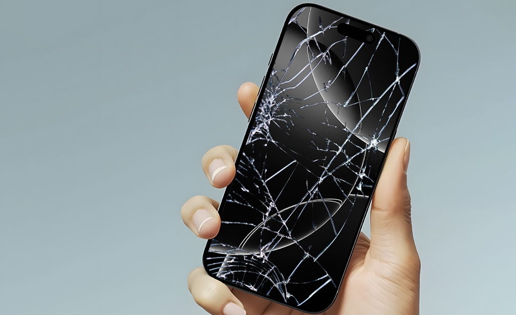 Hand holding a smartphone with a damaged display